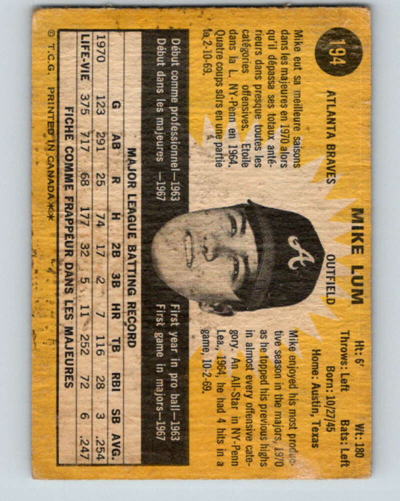 1971 O-Pee-Chee MLB #194 Mike Lum� Atlanta Braves� V11009