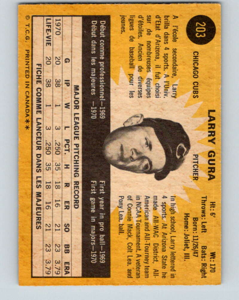 1971 O-Pee-Chee MLB #203 Larry Gura� RC Rookie Chicago Cubs� V11020