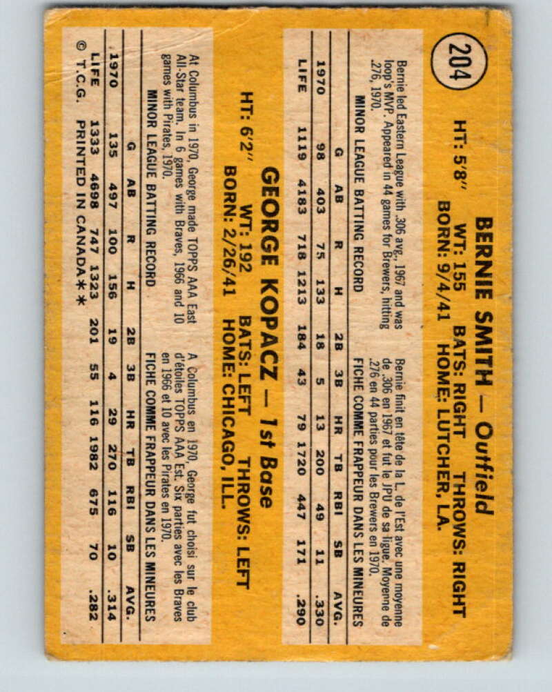 1971 O-Pee-Chee MLB #204 Smith/ Kopacz� RC Rookie V11023