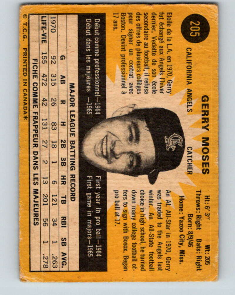 1971 O-Pee-Chee MLB #205 Gerry Moses� California Angels� V11024