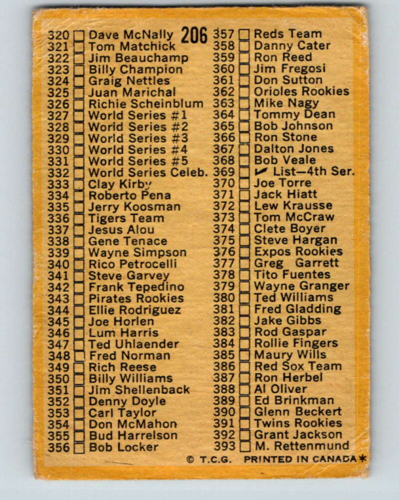 1971 O-Pee-Chee MLB #206 Checklist 264-393 � V11025
