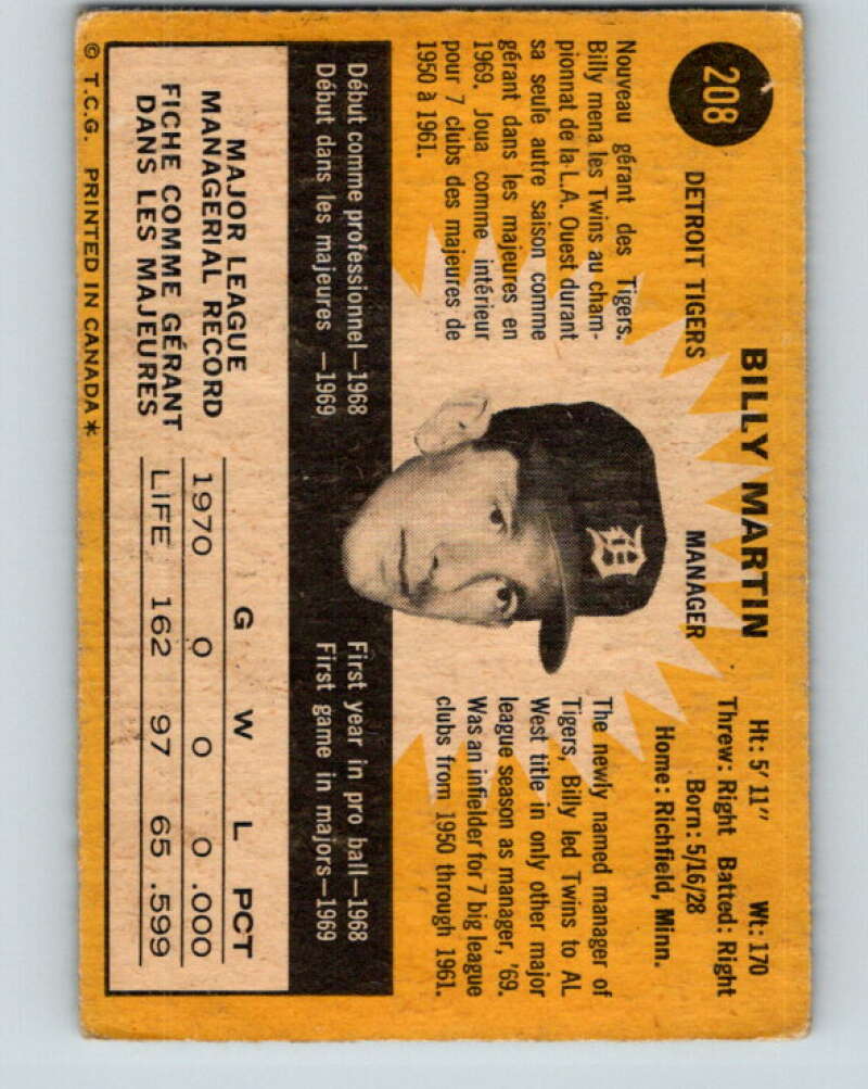 1971 O-Pee-Chee MLB #208 Billy Martin� Detroit Tigers� V11027