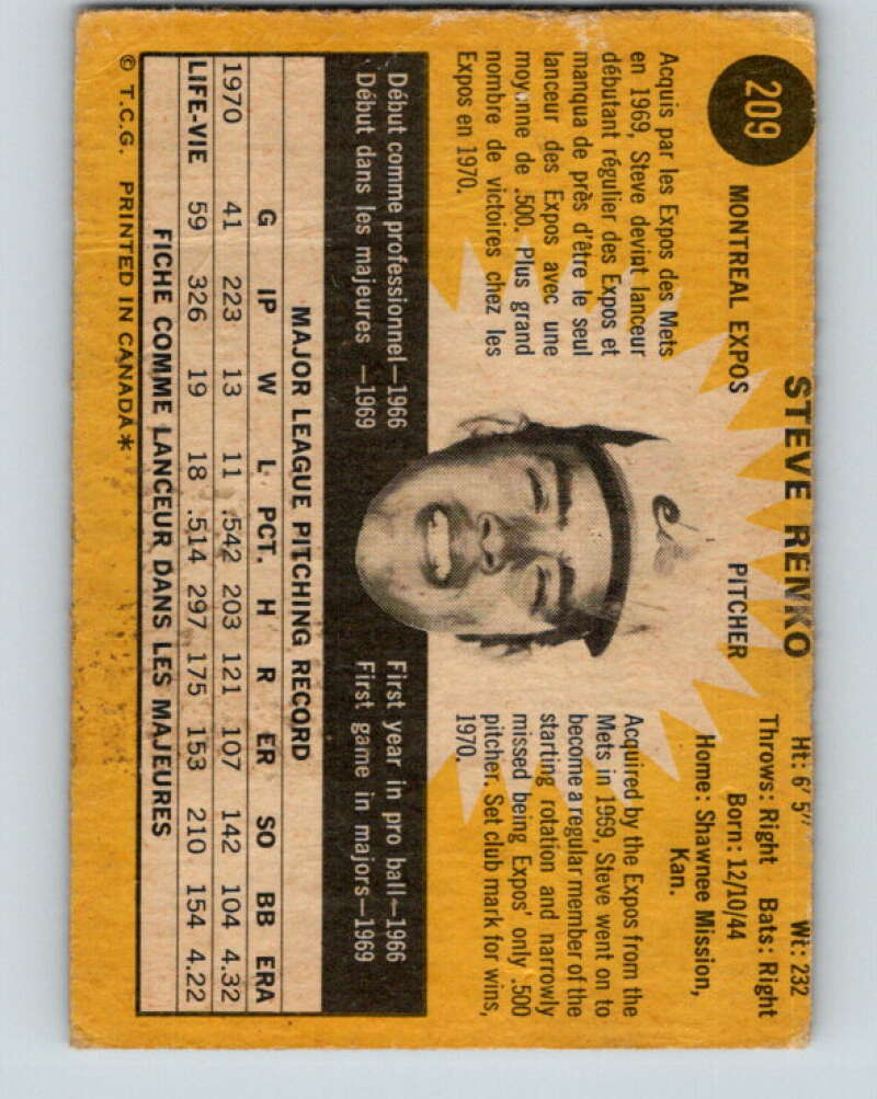 1971 O-Pee-Chee MLB #209 Steve Renko� Montreal Expos� V11030