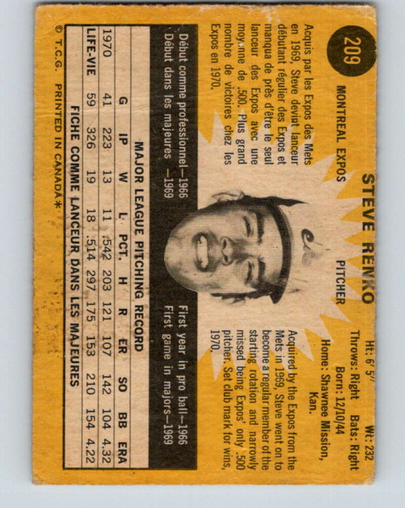 1971 O-Pee-Chee MLB #209 Steve Renko� Montreal Expos� V11030