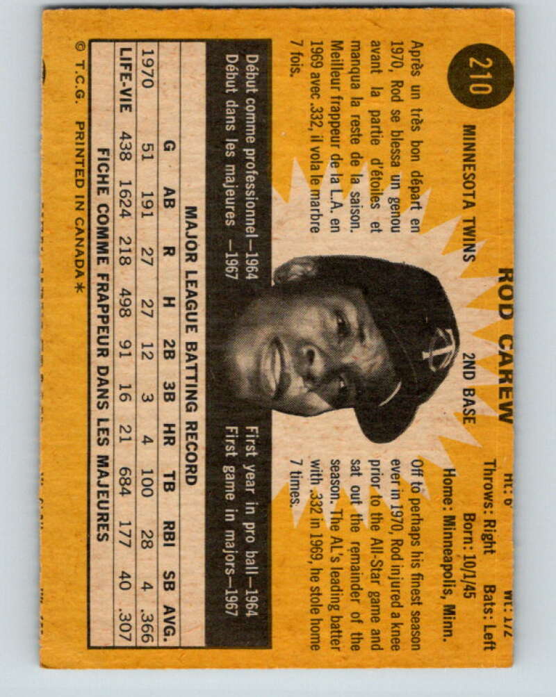 1971 O-Pee-Chee MLB #210 Rod Carew� Minnesota Twins� V11033