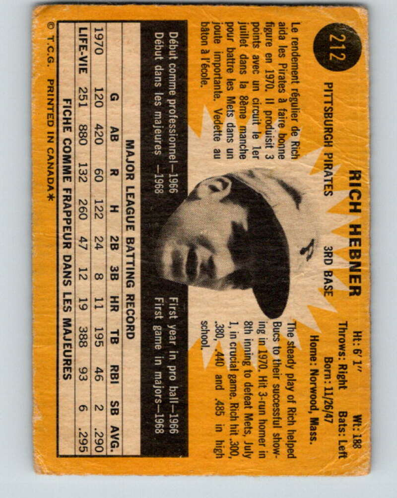 1971 O-Pee-Chee MLB #212 Richie Hebner� Pittsburgh Pirates� V11034