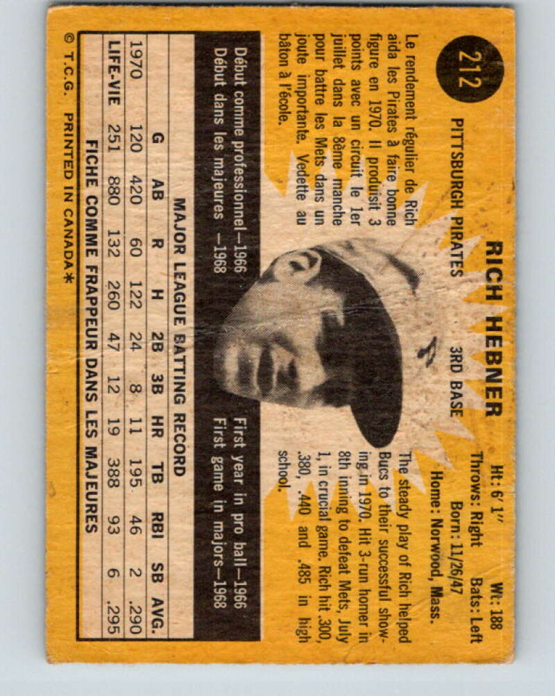 1971 O-Pee-Chee MLB #212 Richie Hebner� Pittsburgh Pirates� V11035
