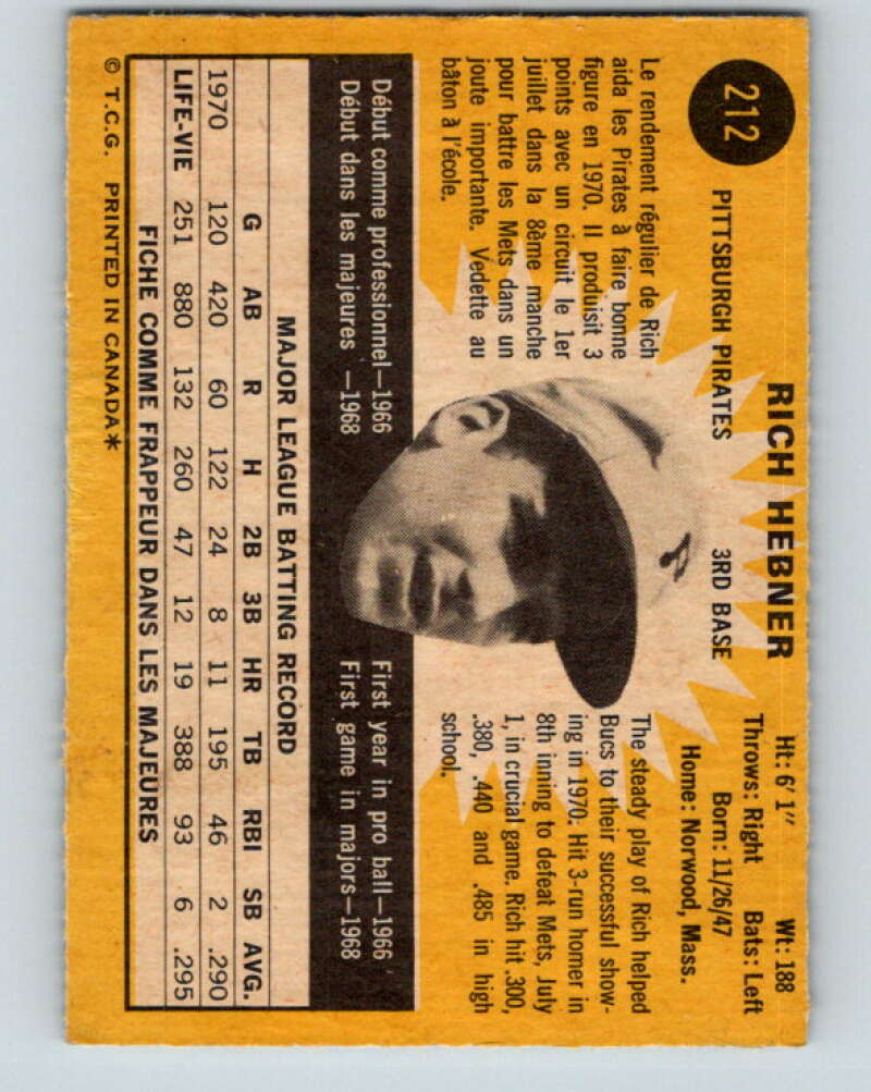1971 O-Pee-Chee MLB #212 Richie Hebner� Pittsburgh Pirates� V11036