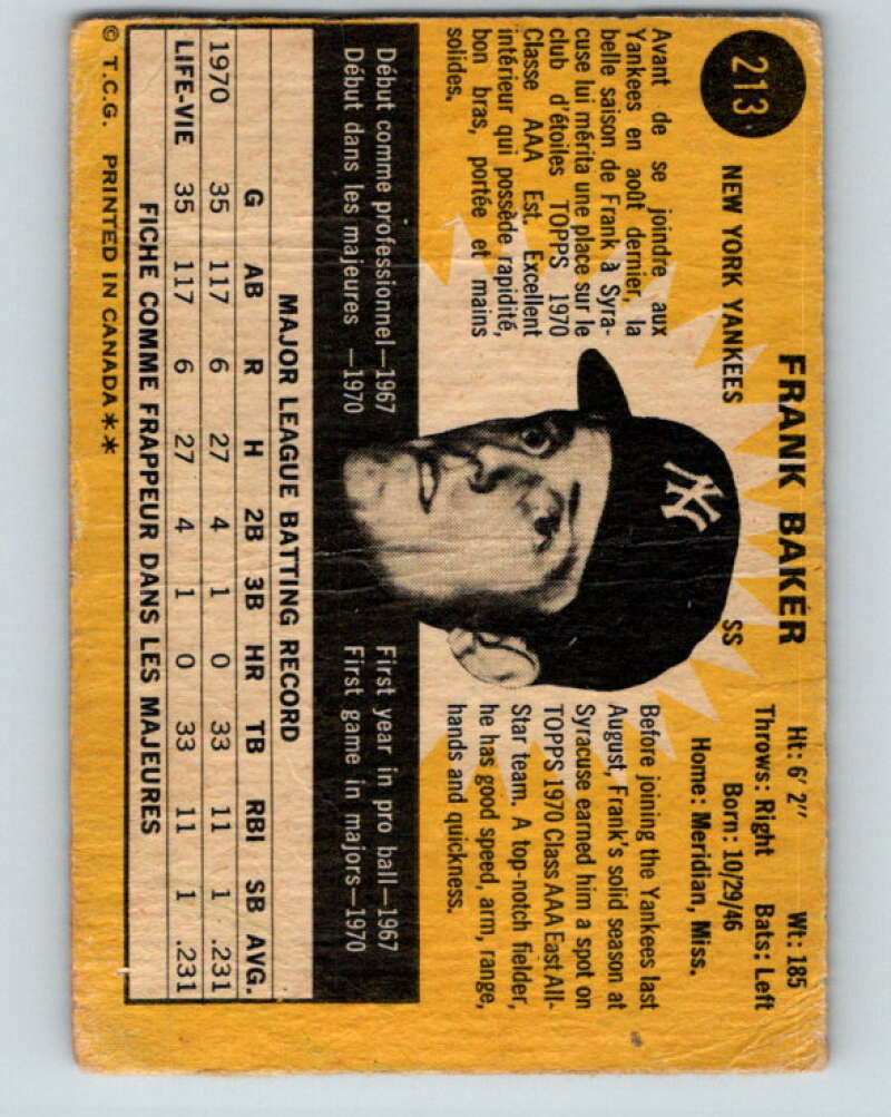 1971 O-Pee-Chee MLB #213 Frank Baker�RC Rookie Yankees� V11038
