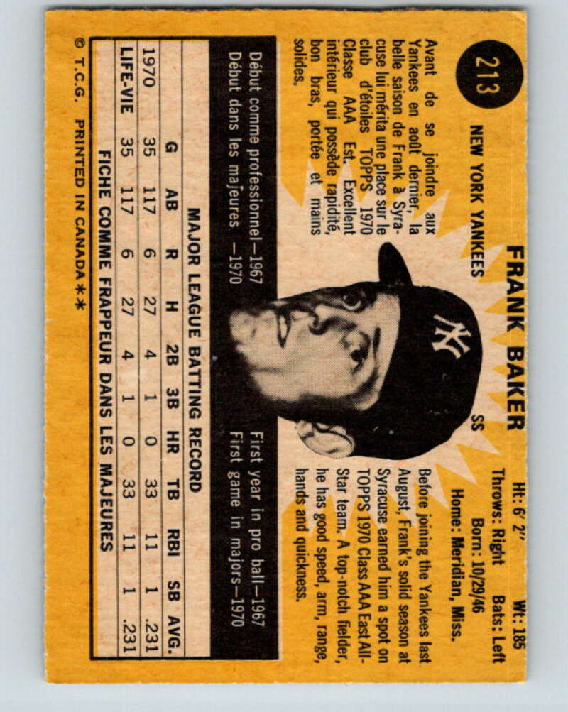 1971 O-Pee-Chee MLB #213 Frank Baker�RC Rookie Yankees� V11040