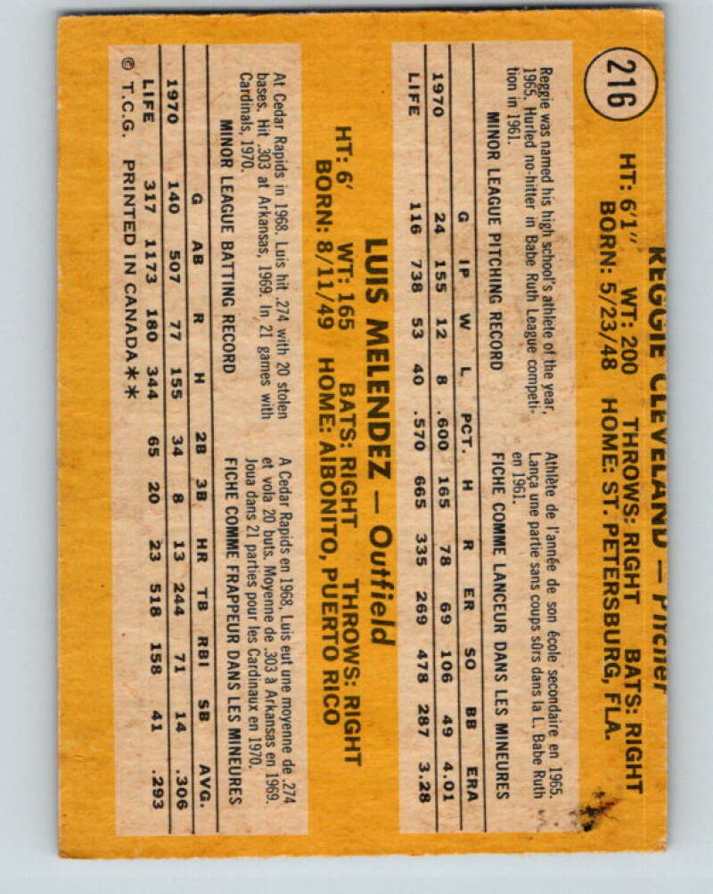 1971 O-Pee-Chee MLB #216 Reggie Cleveland/Luis Melendez RC Rookie V11044