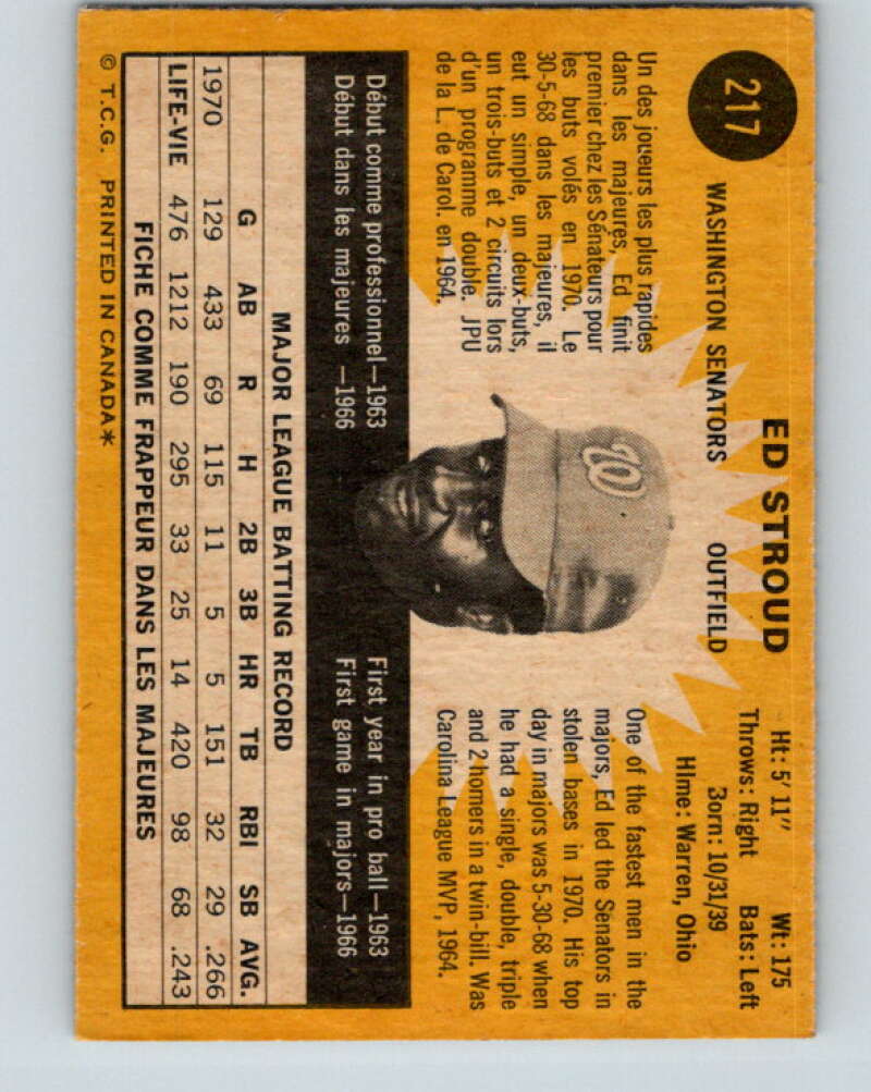 1971 O-Pee-Chee MLB #217 Ed Stroud� Washington Senators� V11046