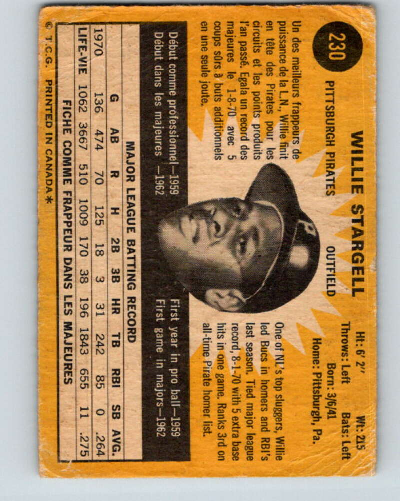 1971 O-Pee-Chee MLB #230 Willie Stargell� Pittsburgh Pirates� V11060