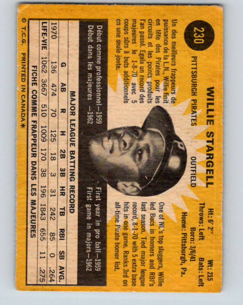 1971 O-Pee-Chee MLB #230 Willie Stargell� Pittsburgh Pirates� V11061