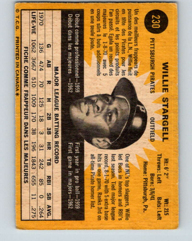 1971 O-Pee-Chee MLB #230 Willie Stargell� Pittsburgh Pirates� V11062