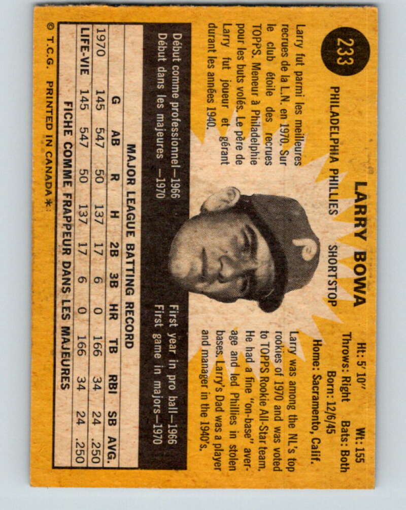 1971 O-Pee-Chee MLB #233 Larry Bowa� Philadelphia Phillies� V11070