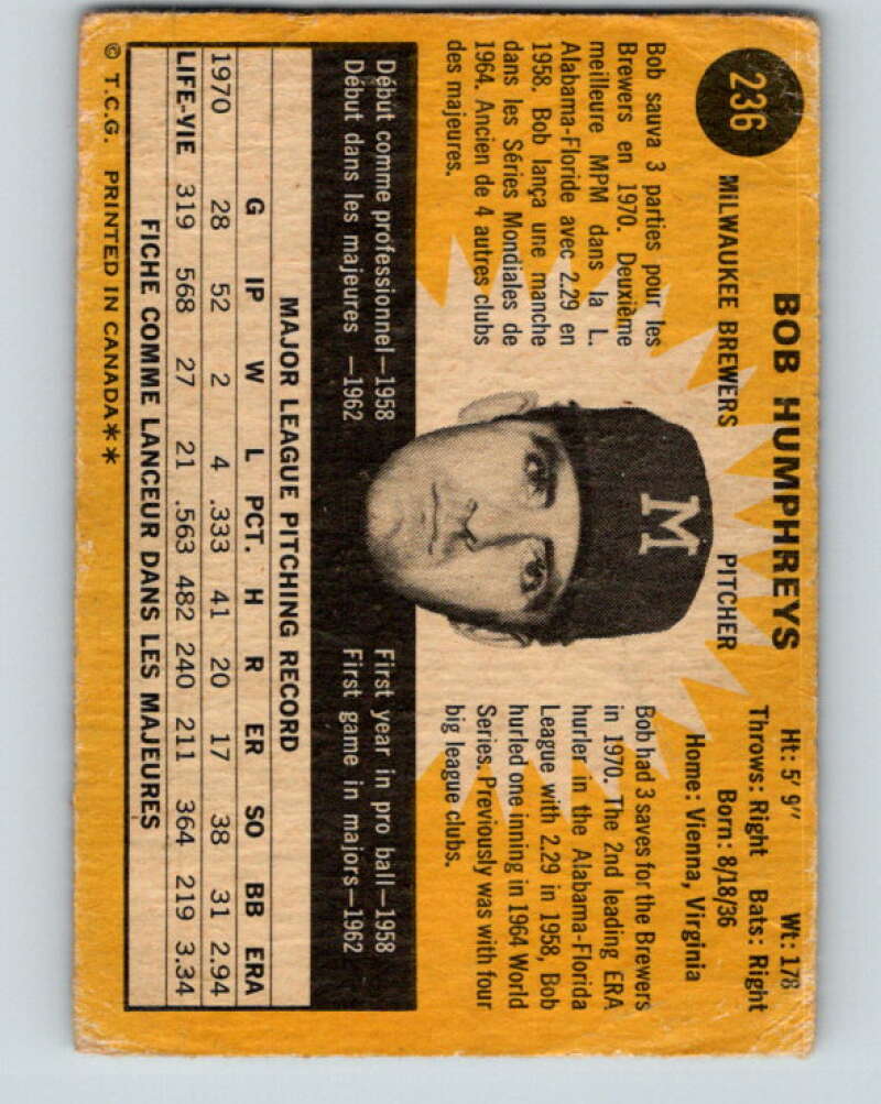 1971 O-Pee-Chee MLB #236 Bob Humphreys� Milwaukee Brewers� V11071