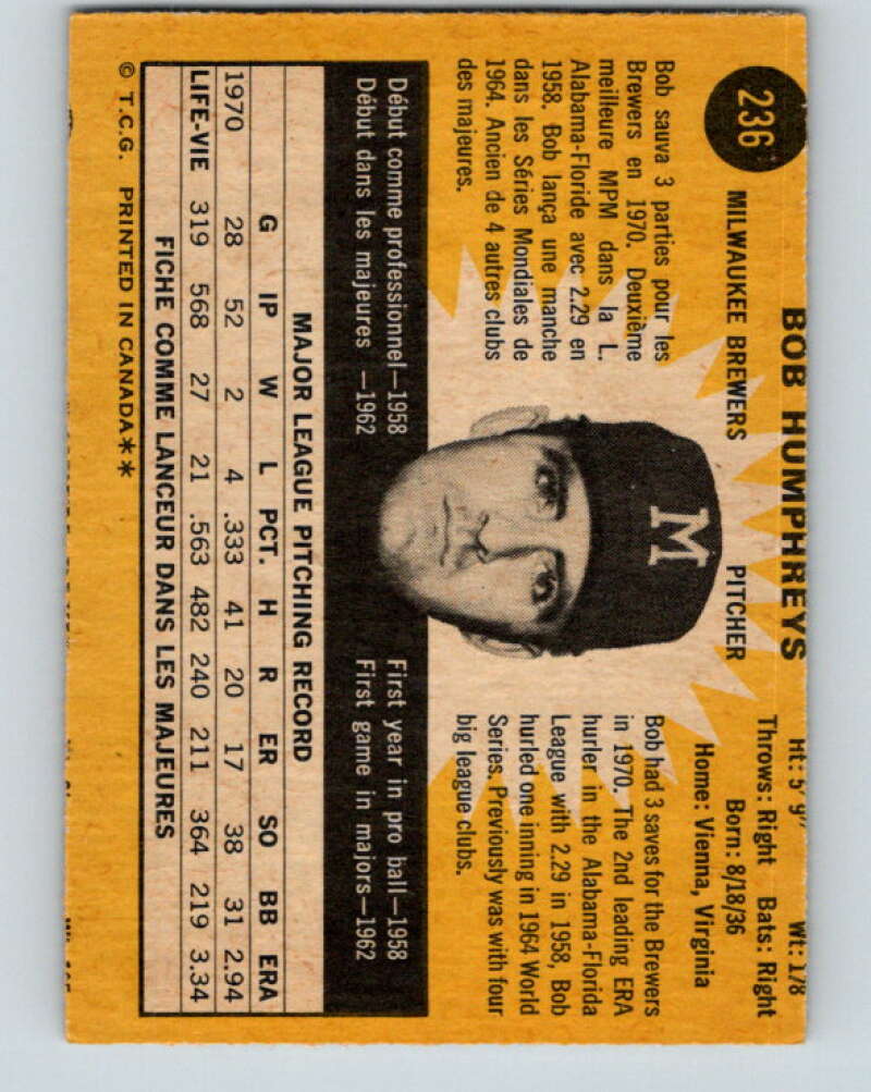 1971 O-Pee-Chee MLB #236 Bob Humphreys� Milwaukee Brewers� V11072