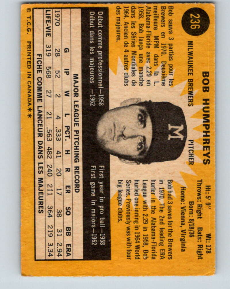 1971 O-Pee-Chee MLB #236 Bob Humphreys� Milwaukee Brewers� V11074