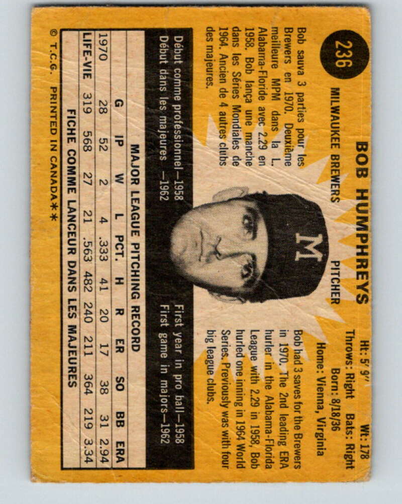 1971 O-Pee-Chee MLB #236 Bob Humphreys� Milwaukee Brewers� V11075