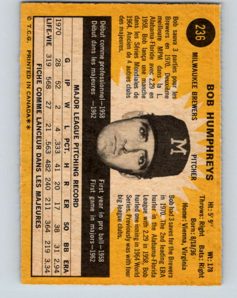 1971 O-Pee-Chee MLB #236 Bob Humphreys� Milwaukee Brewers� V11076