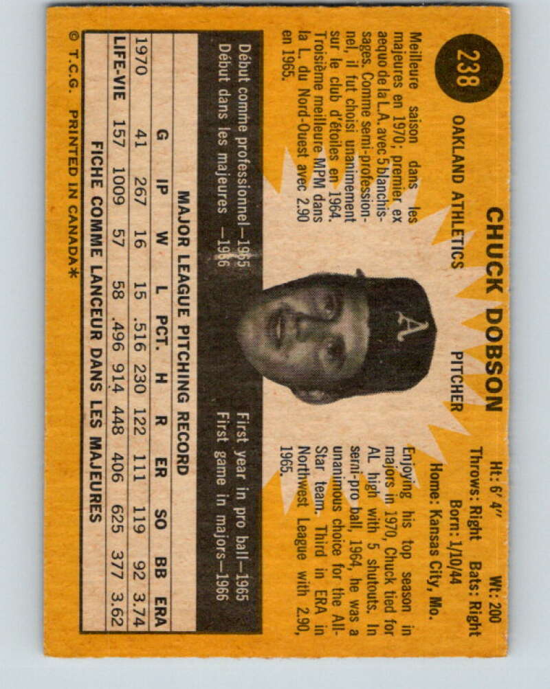 1971 O-Pee-Chee MLB #238 Chuck Dobson� Oakland Athletics� V11079