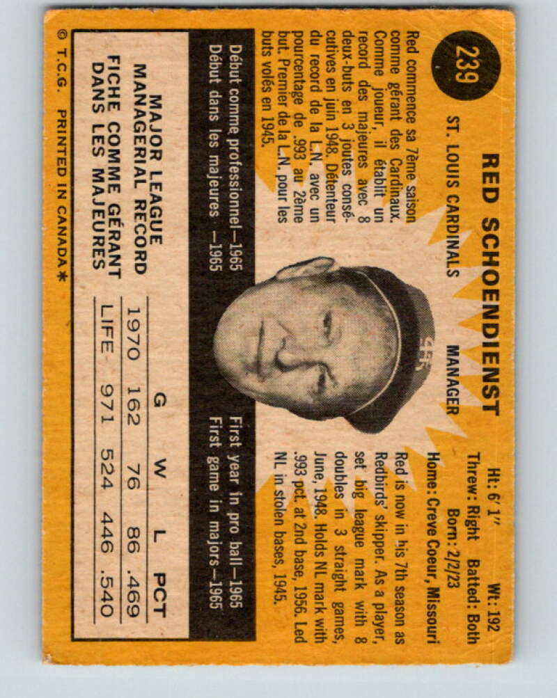 1971 O-Pee-Chee MLB #239 Red Schoendienst� St. Louis Cardinals� V11080