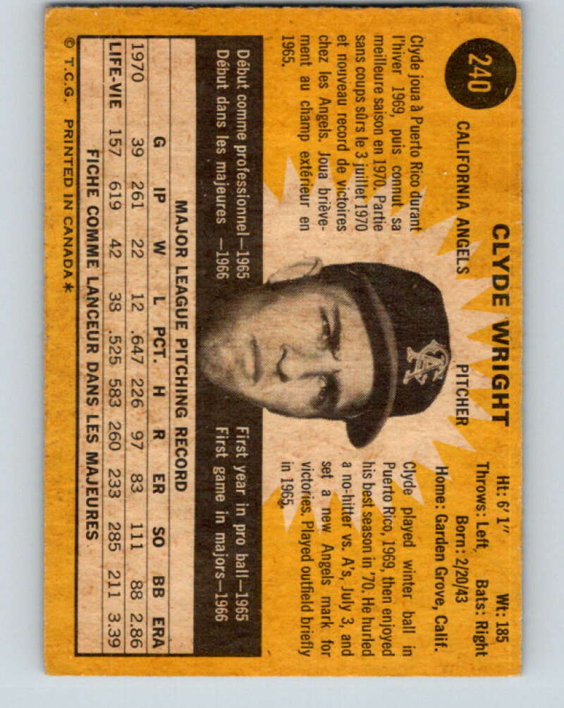 1971 O-Pee-Chee MLB #240 Clyde Wright� California Angels� V11082