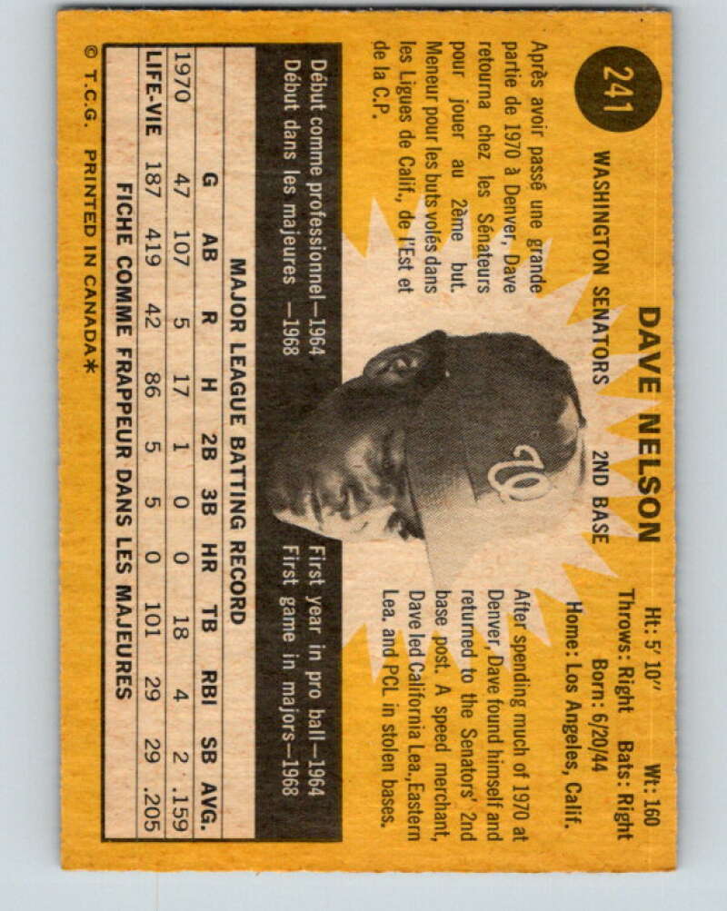 1971 O-Pee-Chee MLB #241 Dave Nelson� Washington Senators� V11083