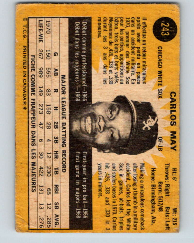 1971 O-Pee-Chee MLB #243 Carlos May� Chicago White Sox� V11088