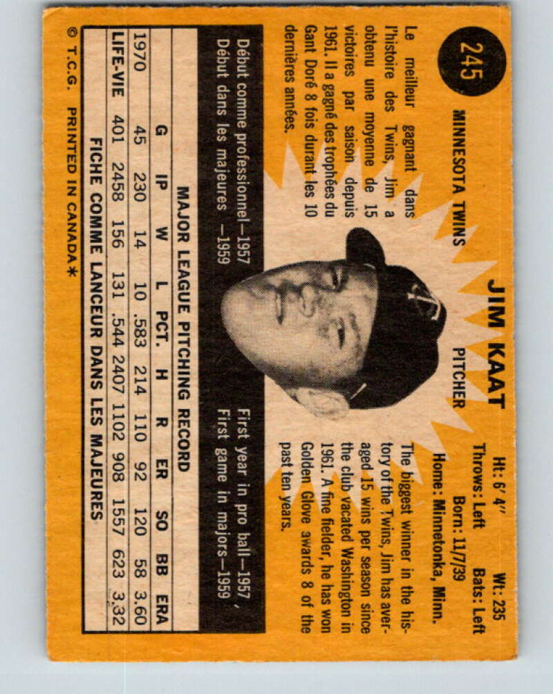 1971 O-Pee-Chee MLB #245 Jim Kaat� Minnesota Twins� V11091
