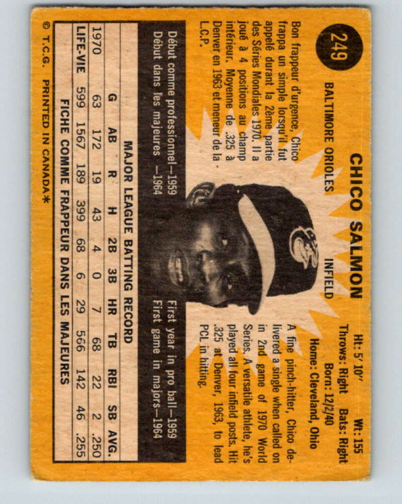 1971 O-Pee-Chee MLB #249 Chico Salmon� Baltimore Orioles� V11096
