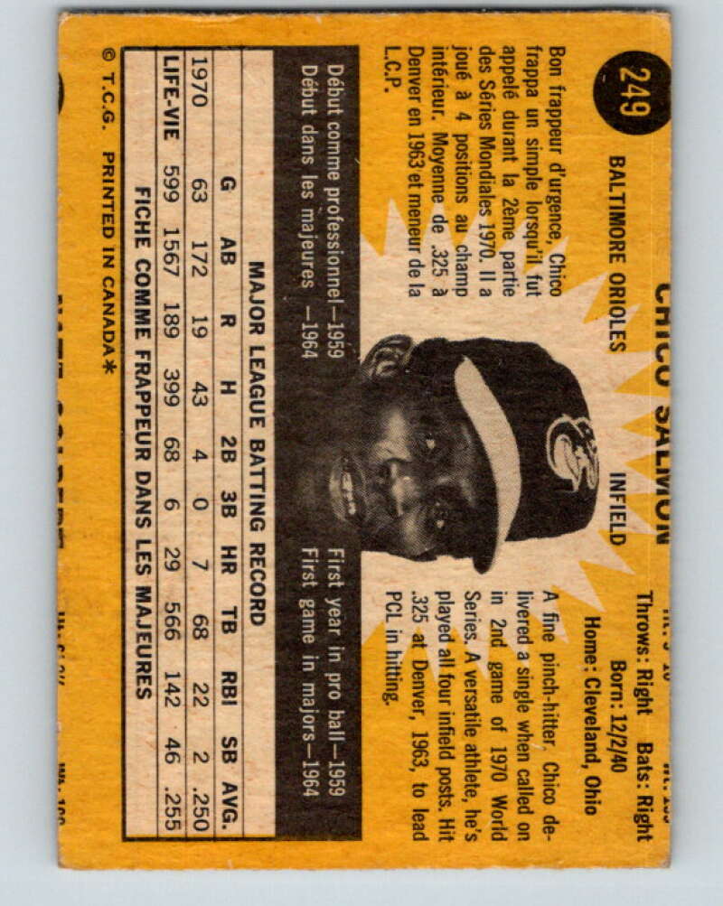 1971 O-Pee-Chee MLB #249 Chico Salmon� Baltimore Orioles� V11097