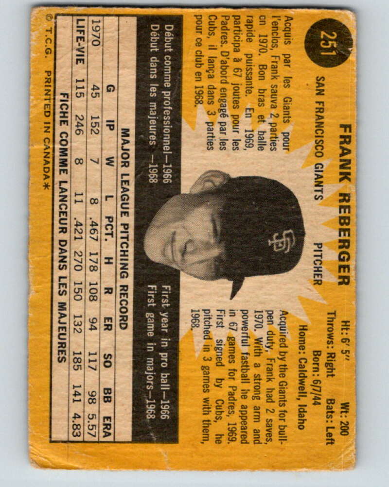 1971 O-Pee-Chee MLB #251 Frank Reberger� San Francisco Giants� V11099