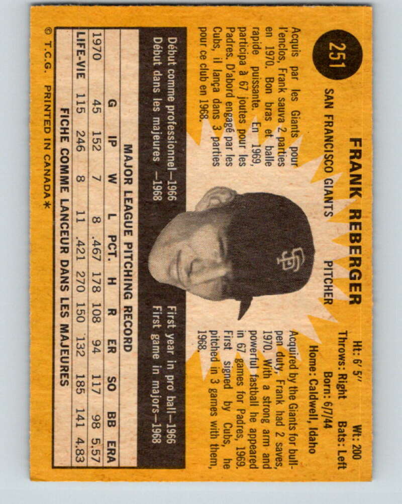 1971 O-Pee-Chee MLB #251 Frank Reberger� San Francisco Giants� V11100