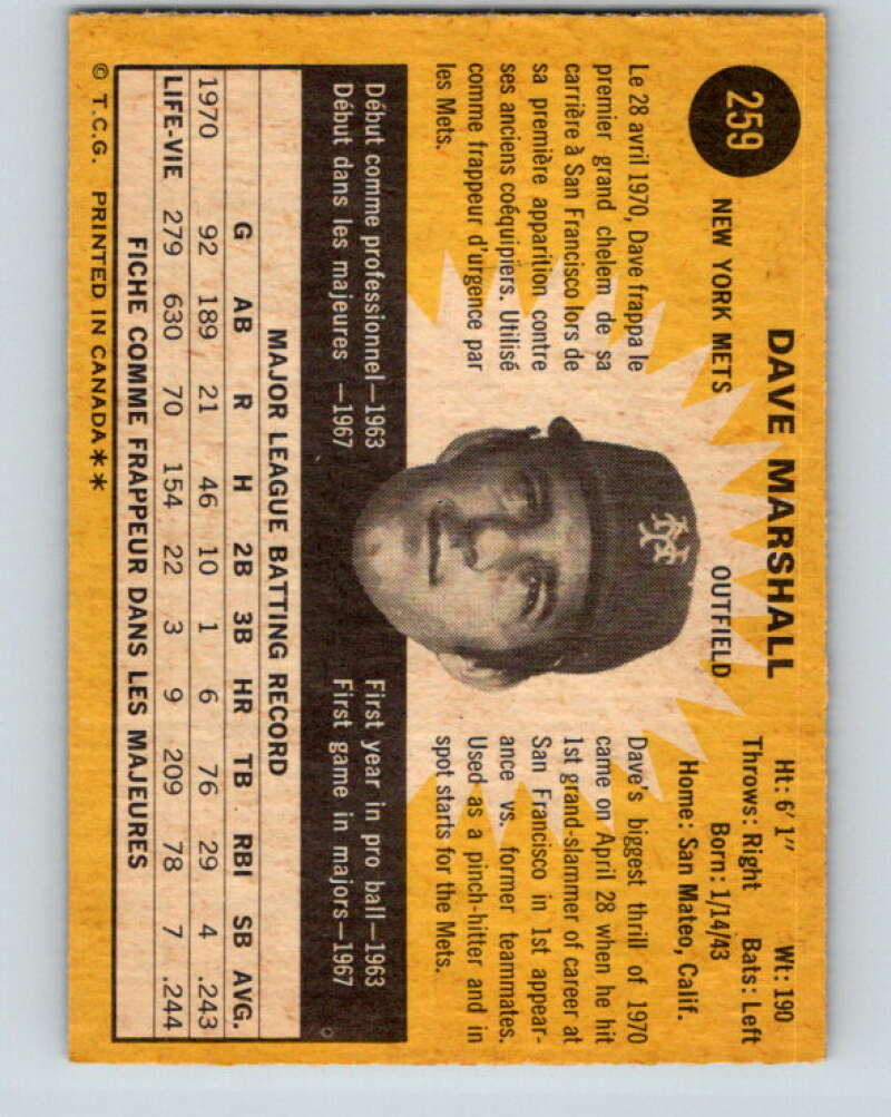 1971 O-Pee-Chee MLB #259 Dave Marshall� New York Mets� V11112