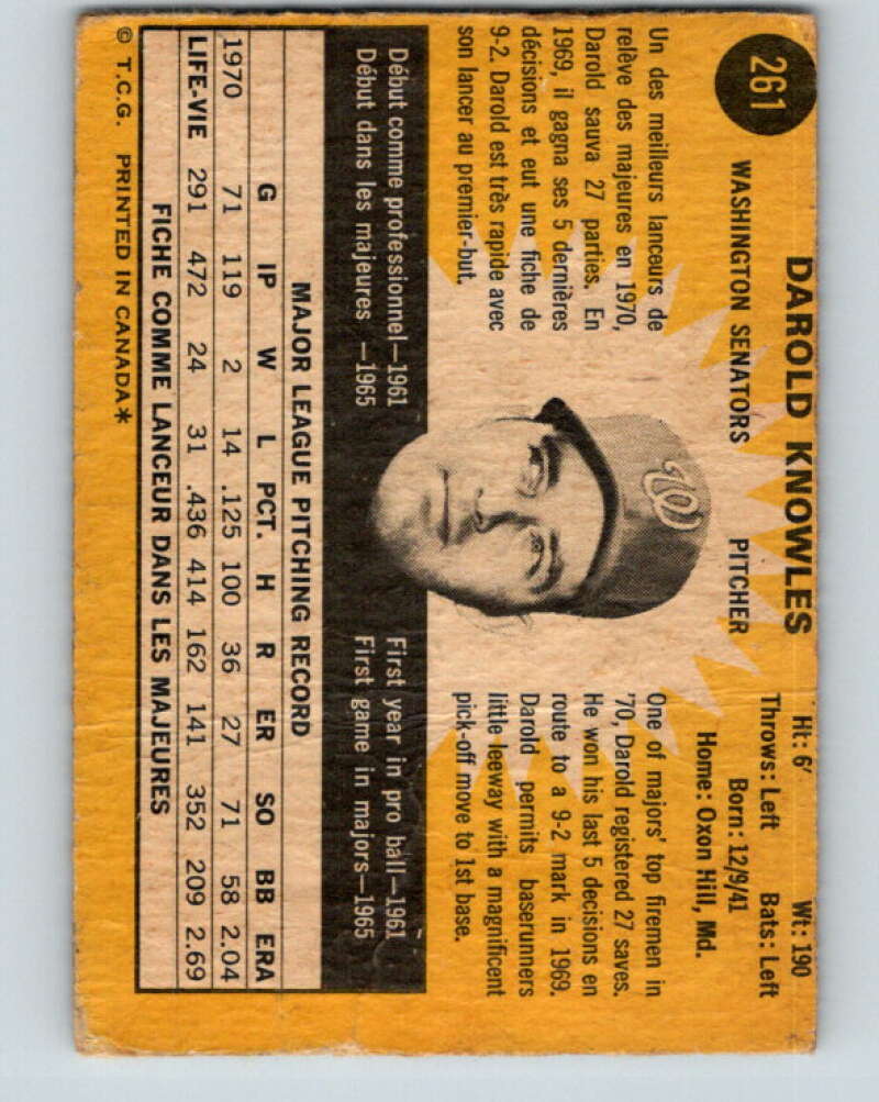 1971 O-Pee-Chee MLB #261 Darold Knowles� Washington Senators� V11116
