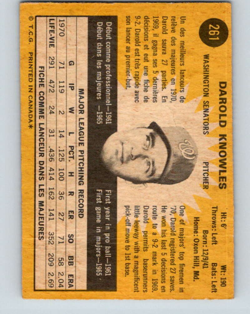 1971 O-Pee-Chee MLB #261 Darold Knowles� Washington Senators� V11118
