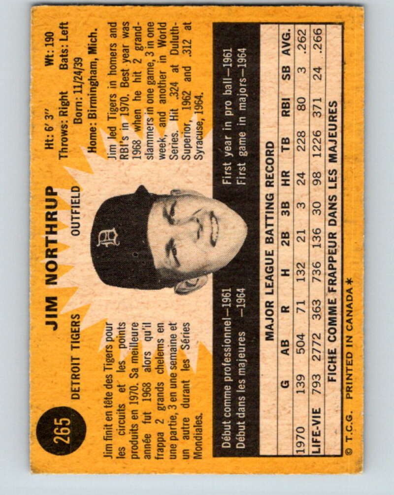 1971 O-Pee-Chee MLB #265 Jim Northrup� Detroit Tigers� V11123