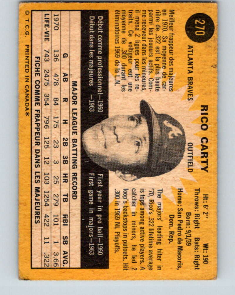 1971 O-Pee-Chee MLB #270 Rico Carty� Atlanta Braves� V11128