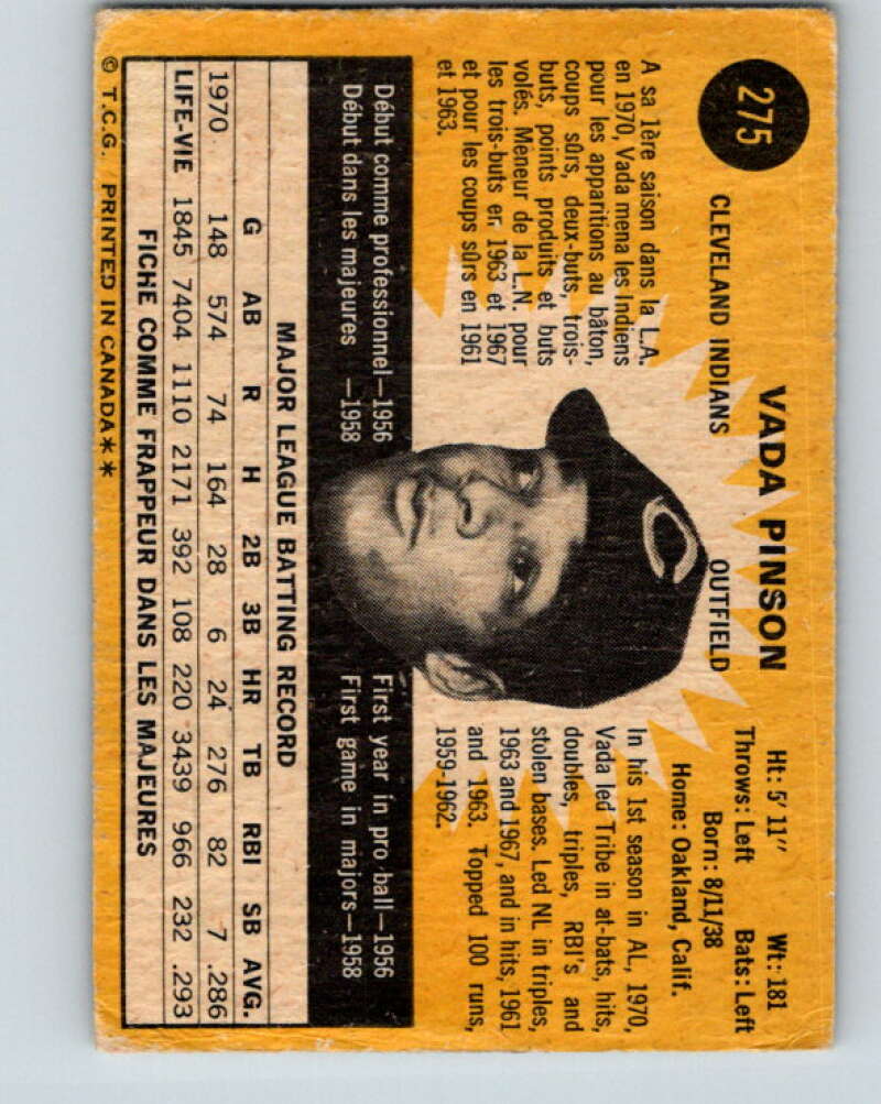 1971 O-Pee-Chee MLB #275 Vada Pinson� Cleveland Indians� V11130