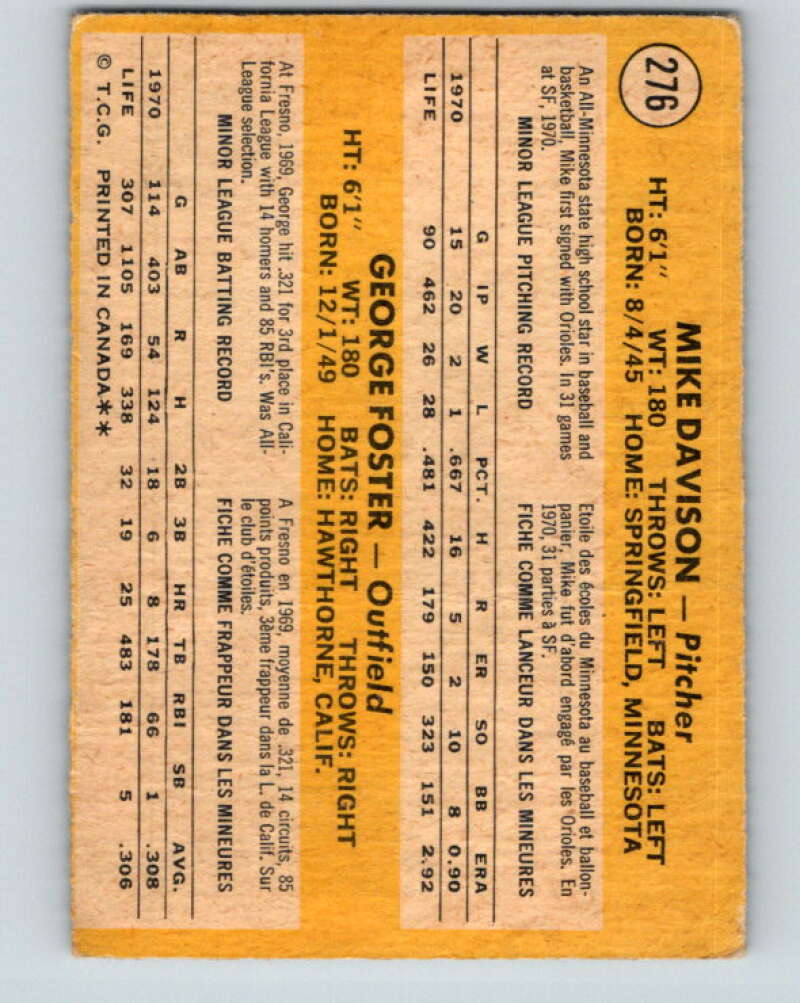 1971 O-Pee-Chee MLB #276 Mike Davison/George Foster� RC Rookie� V11132