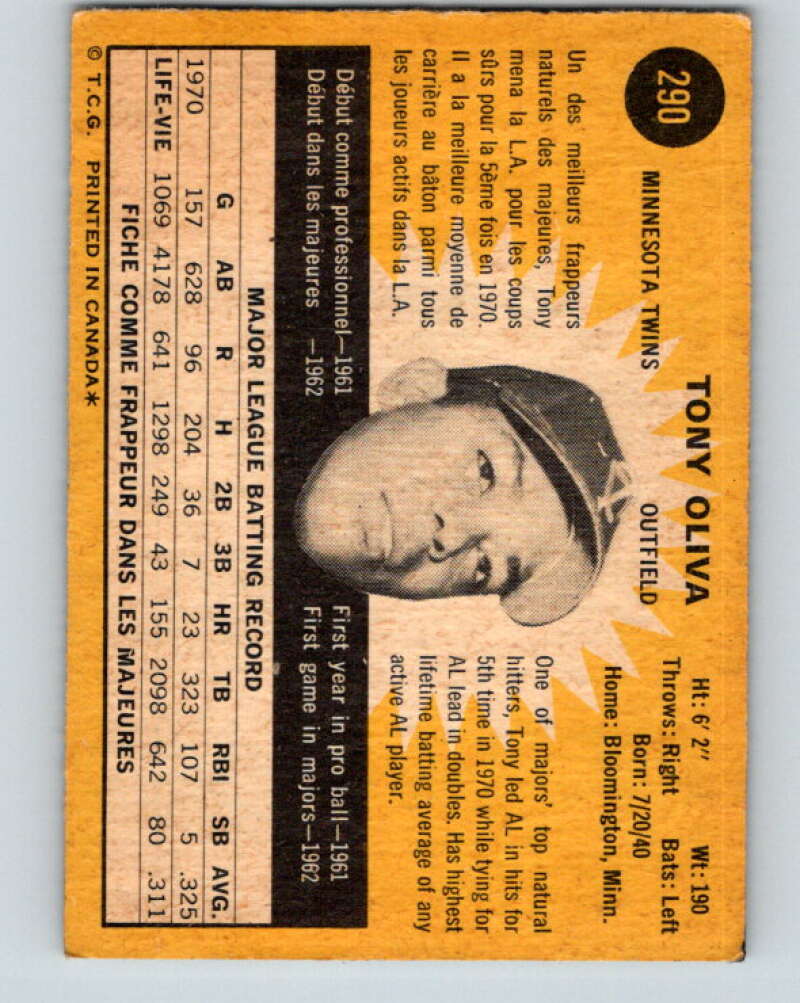1971 O-Pee-Chee MLB #290 Tony Oliva� Minnesota Twins� V11137