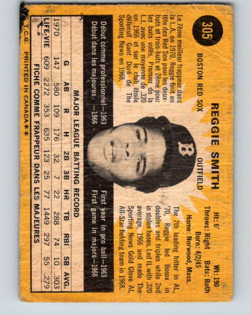 1971 O-Pee-Chee MLB #305 Reggie Smith� Boston Red Sox� V11145