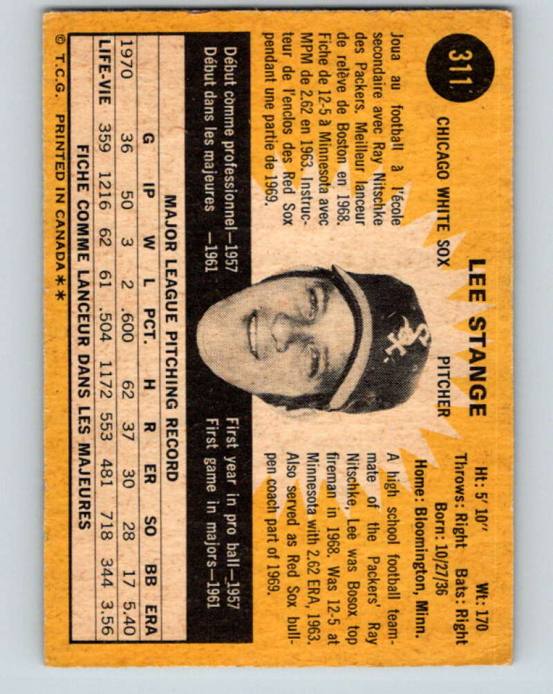 1971 O-Pee-Chee MLB #311 Lee Stange� Chicago White Sox� V11149
