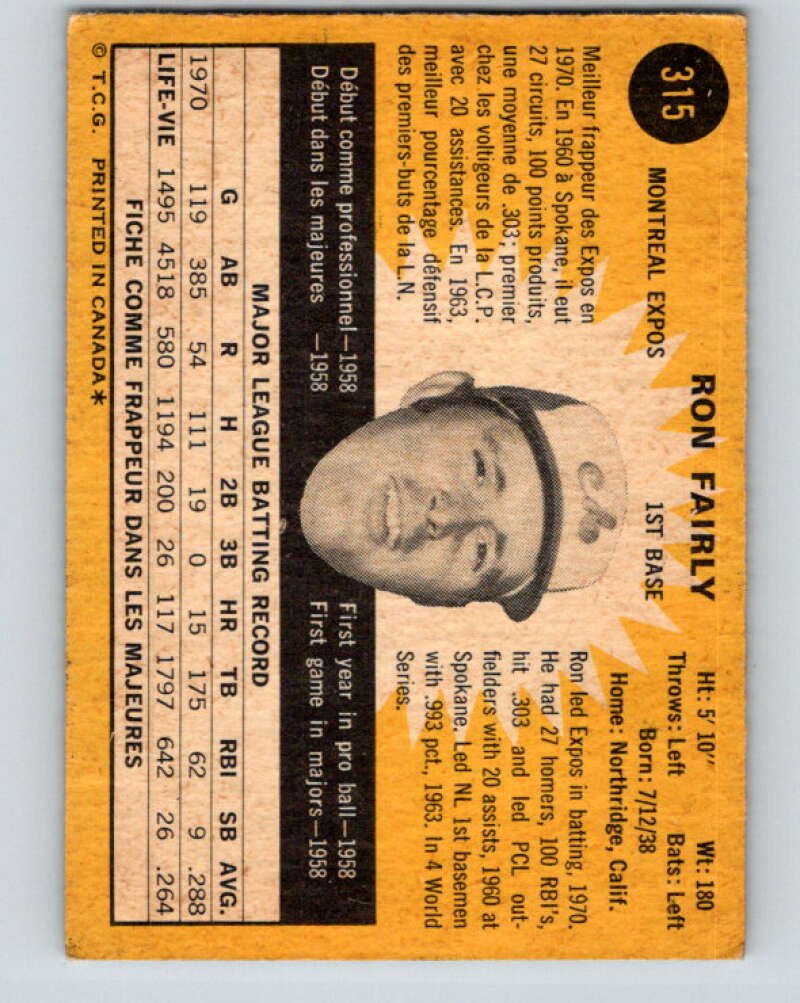 1971 O-Pee-Chee MLB #315 Ron Fairly� Montreal Expos� V11152