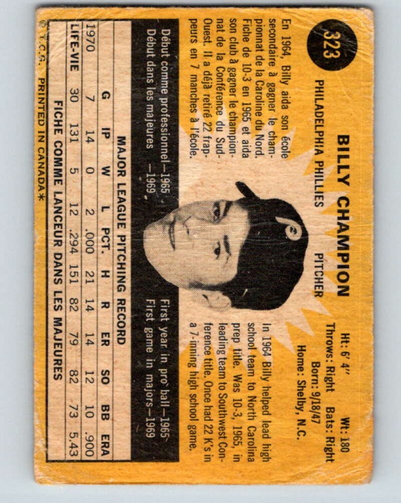 1971 O-Pee-Chee MLB #323 Billy Champion� Philadelphia Phillies� V11154