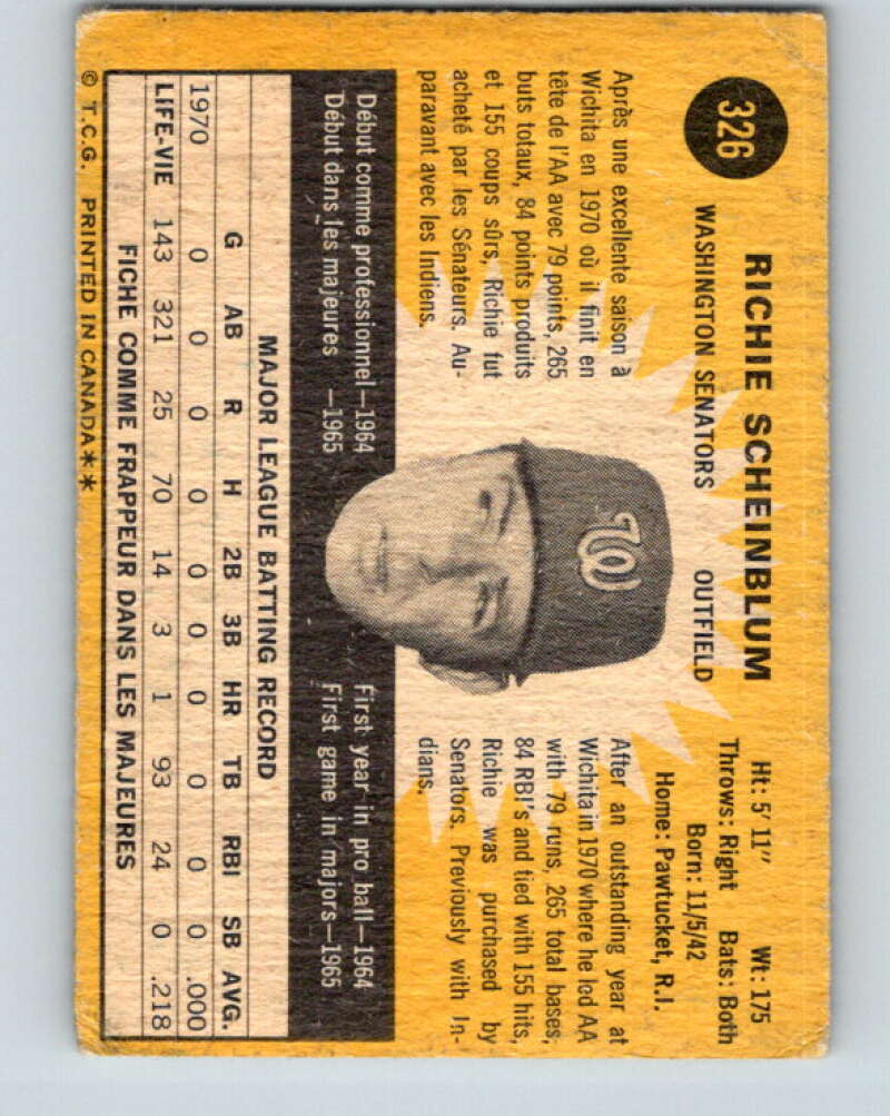 1971 O-Pee-Chee MLB #326 Richie Scheinblum� Washington Senators� V11156