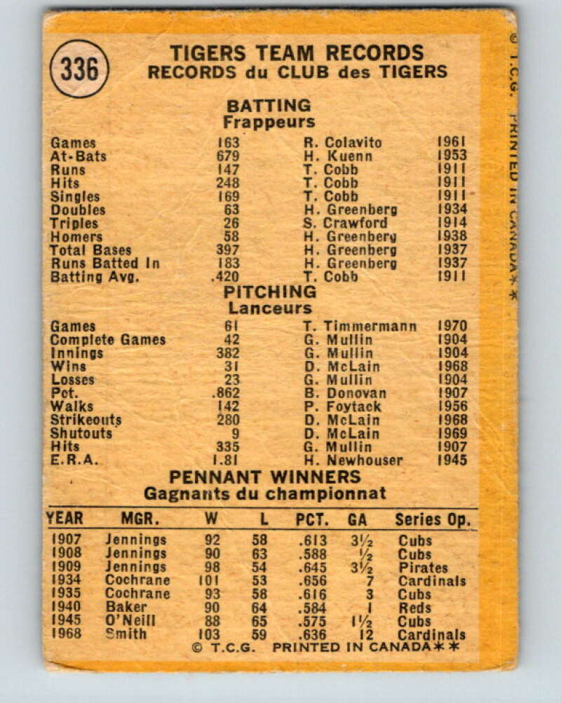 1971 O-Pee-Chee MLB #336 Detroit Tigers� Detroit Tigers� V11159