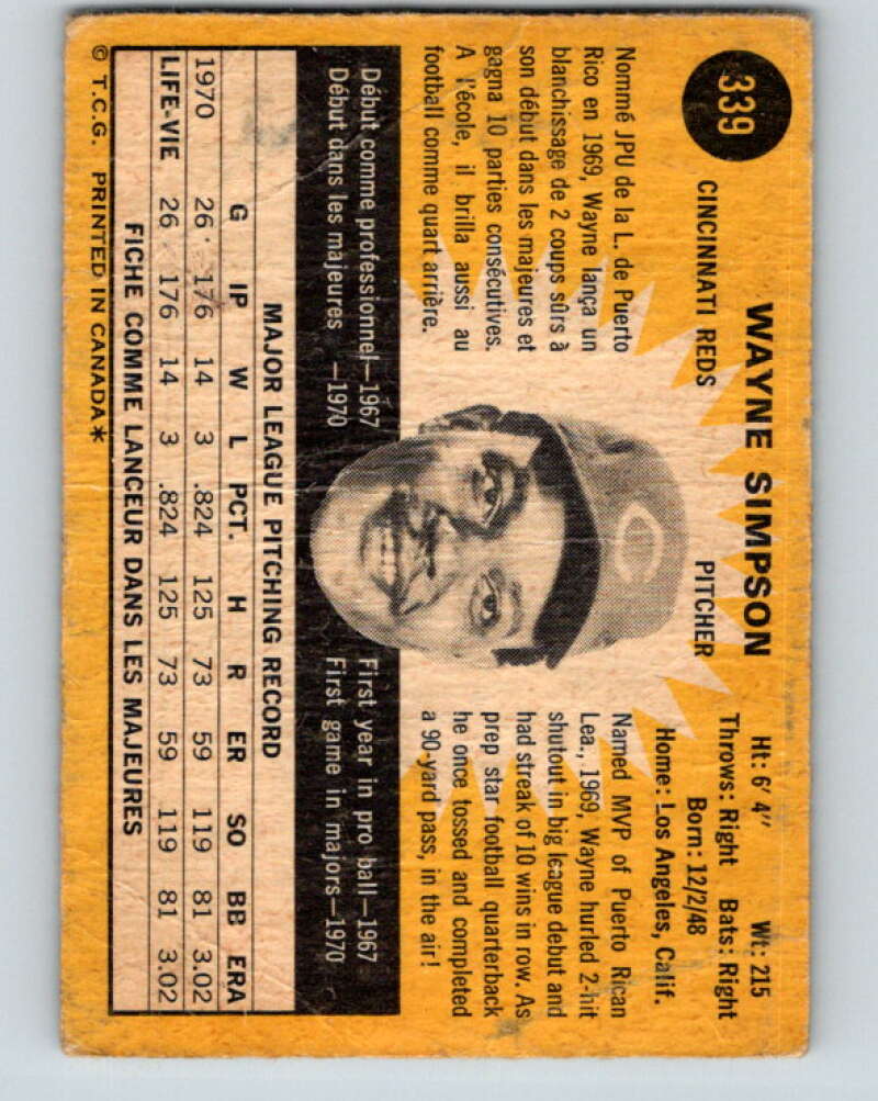 1971 O-Pee-Chee MLB #339 Wayne Simpson� Cincinnati Reds� V11161